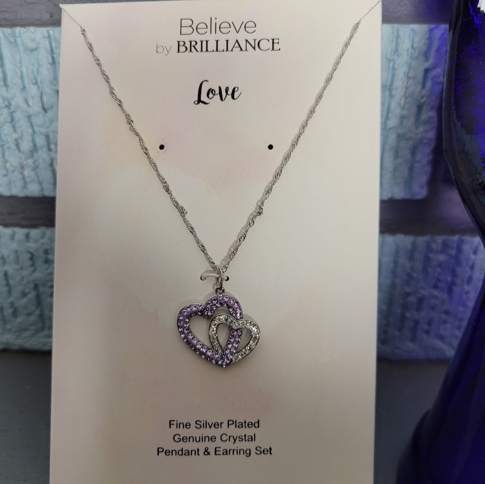 Silver plated crystal double heart pendant necklace